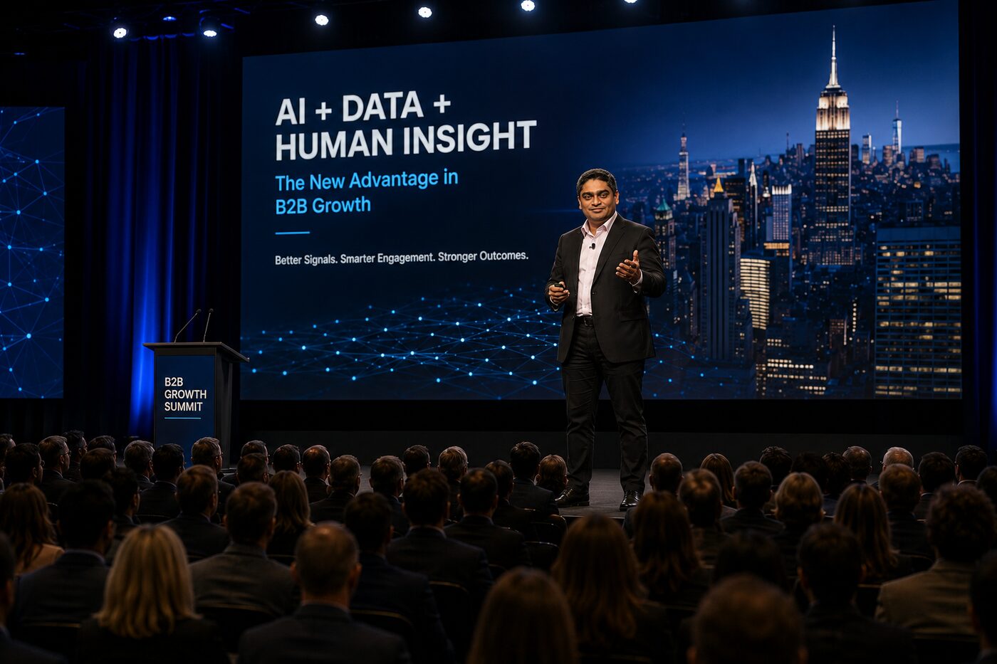 Sonjoy Ganguly presenting on AI, data, and human insight in B2B growth at the B2B Growth Summit